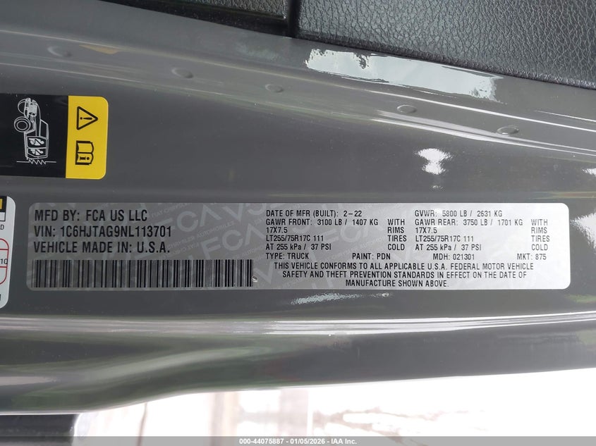 2022 Jeep Gladiator Willys 4X4 VIN: 1C6HJTAG9NL113701 Lot: 44075887