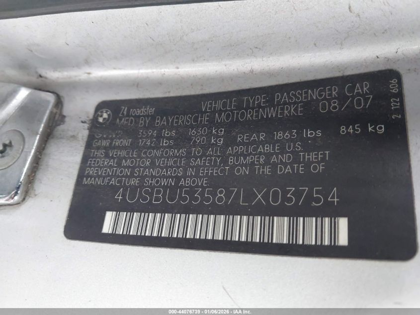 2007 BMW Z4 3.0Si VIN: 4USBU53587LX03754 Lot: 44076739