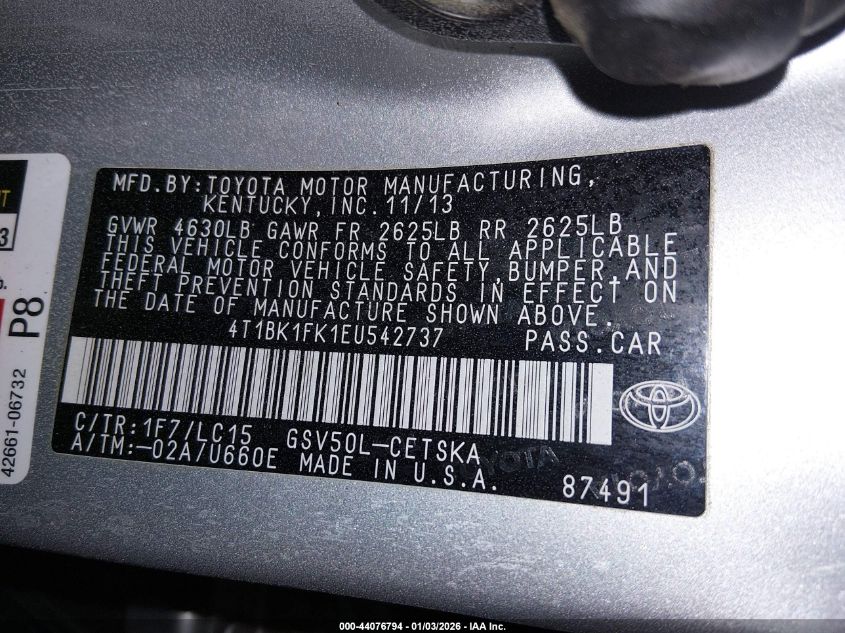 2014 Toyota Camry Se V6 VIN: 4T1BK1FK1EU542737 Lot: 44076794