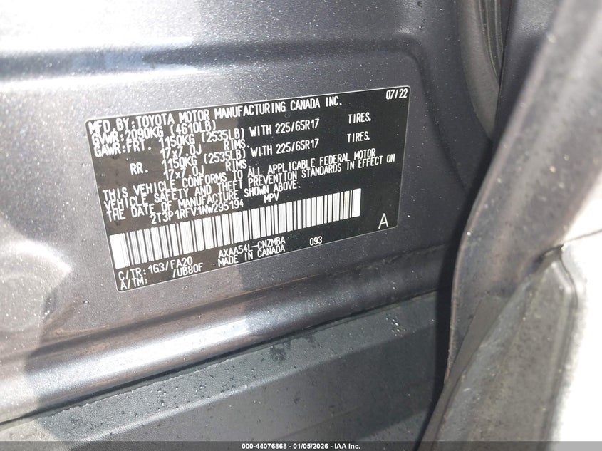 VIN 2T3P1RFV1NW295194 2022 TOYOTA RAV4 XLE