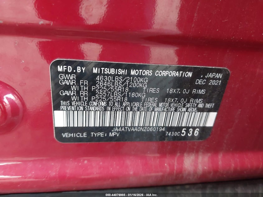 2022 Mitsubishi Eclipse Cross Le S-Awc VIN: JA4ATVAA0NZ060194 Lot: 44076985