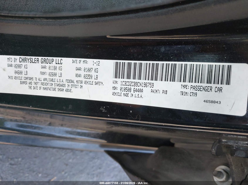 2012 Dodge Avenger Sxt VIN: 1C3CDZCB9CN196759 Lot: 44077155