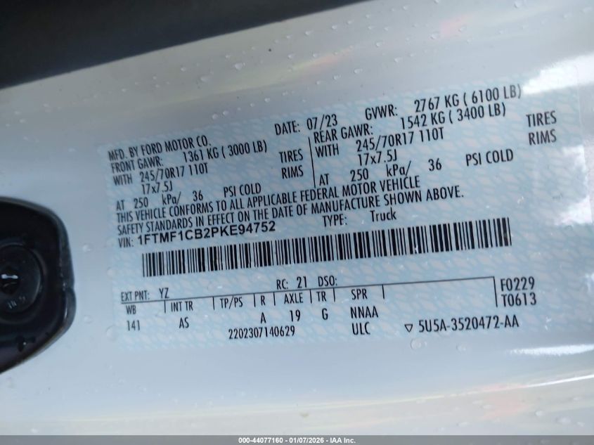 2023 Ford F-150 Xl VIN: 1FTMF1CB2PKE94752 Lot: 44077160