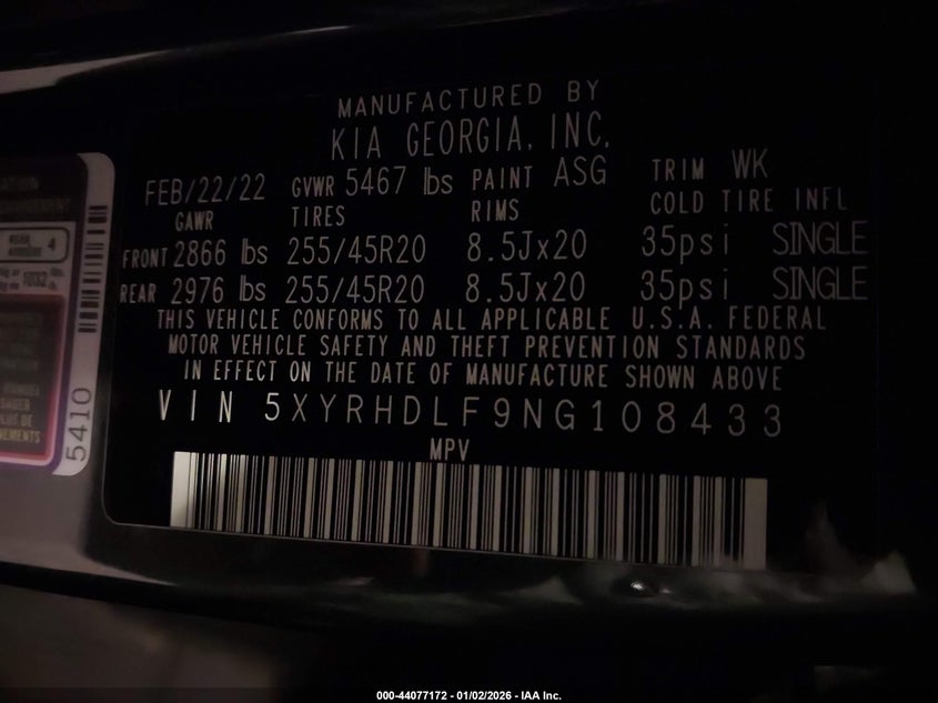 VIN 5XYRHDLF9NG108433 2022 KIA SORENTO X-LINE EX