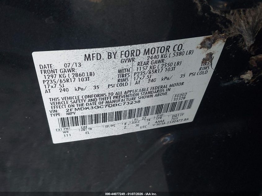 2013 Ford Edge Se VIN: 2FMDK3GC7DBC73238 Lot: 44077249