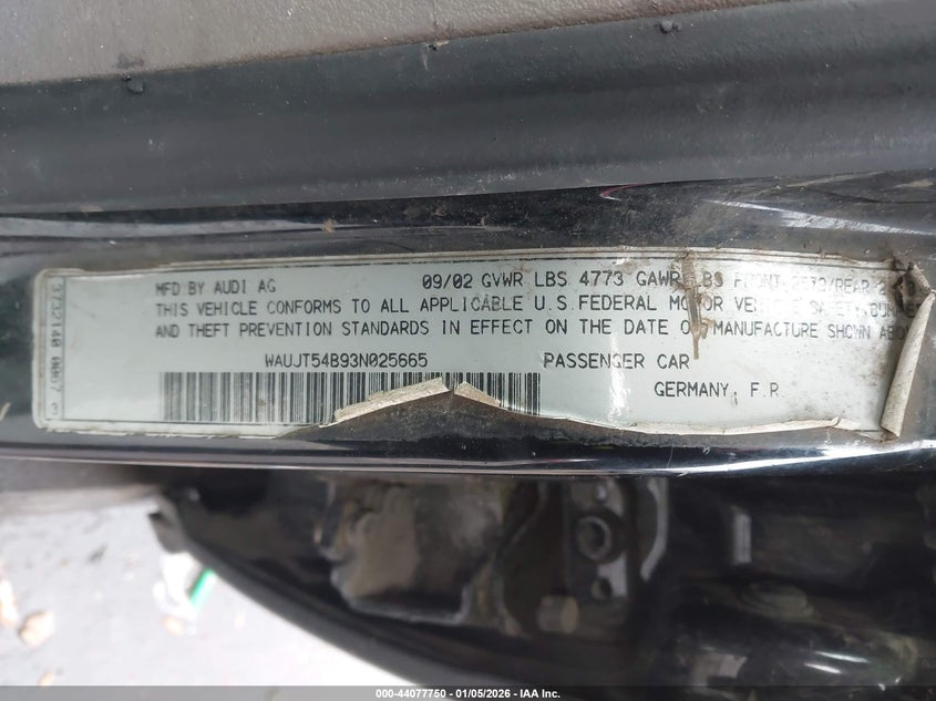2003 Audi A6 3.0 VIN: WAUJT54B93N025665 Lot: 44077750