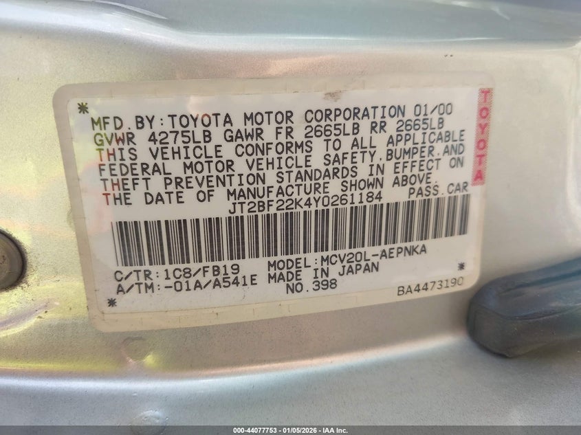 2000 Toyota Camry Le V6 VIN: JT2BF22K4Y0261184 Lot: 44077753