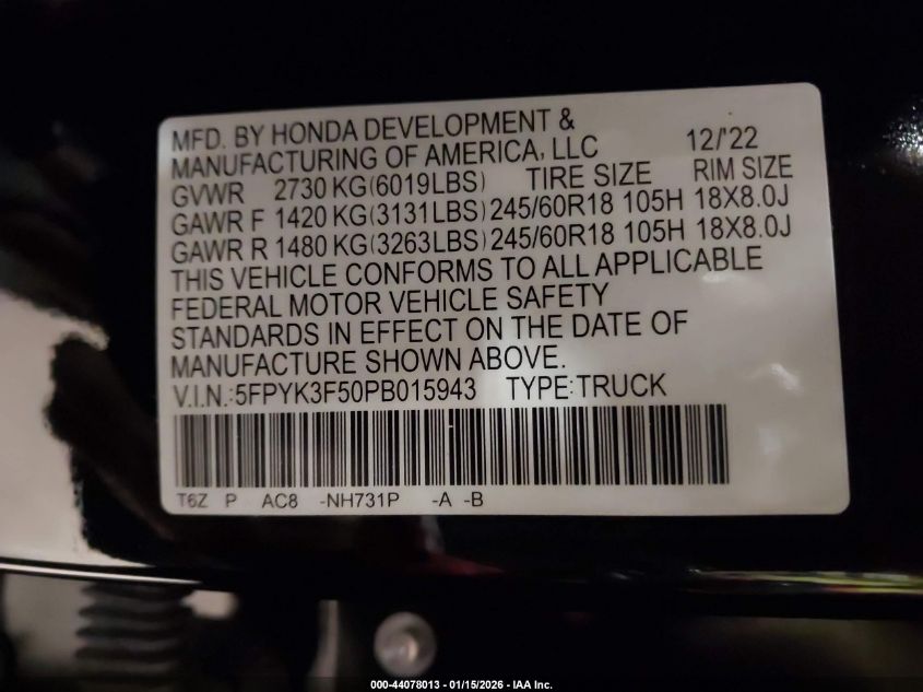 2023 Honda Ridgeline Rtl VIN: 5FPYK3F50PB015943 Lot: 44078013