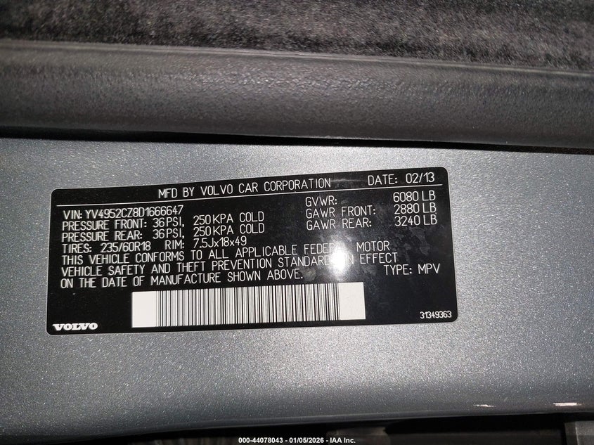 2013 Volvo Xc90 3.2 Platinum VIN: YV4952CZ8D1666647 Lot: 44078043