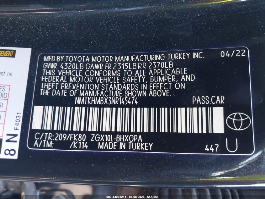 VIN NMTKHMBX3NR145474 2022 TOYOTA C-HR XLE