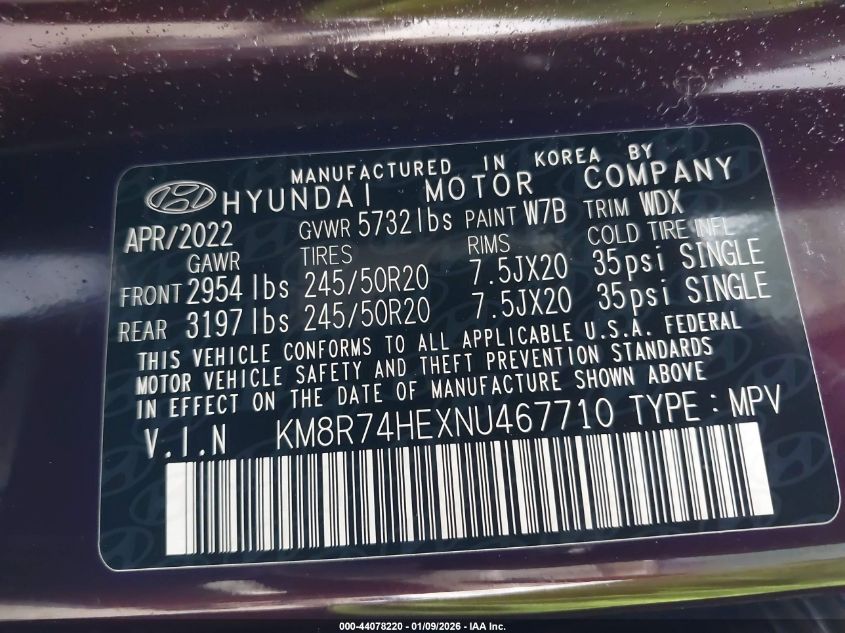 2022 Hyundai Palisade Calligraphy VIN: KM8R74HEXNU467710 Lot: 44078220