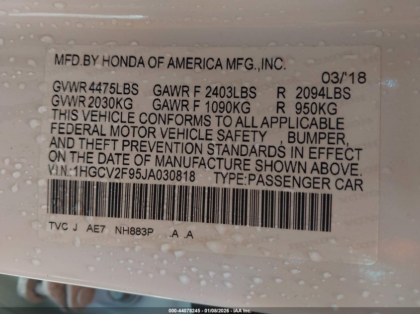 VIN 1HGCV2F95JA030818 2018 HONDA ACCORD TOURING 2.0T