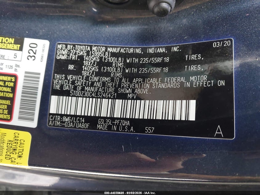 VIN 5TDDZ3DC4LS246421 2020 TOYOTA SIENNA XLE