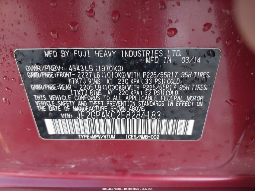 2014 Subaru Xv Crosstrek 2.0I Limited VIN: JF2GPAKC2E8284183 Lot: 44078504