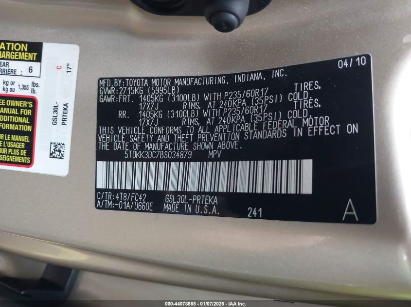 2011 Toyota Sienna Le V6 VIN: 5TDKK3DC7BS034879 Lot: 44078888