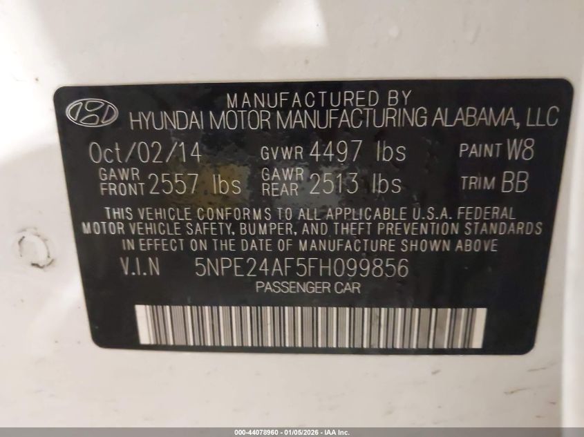 2015 Hyundai Sonata Se VIN: 5NPE24AF5FH099856 Lot: 44078960