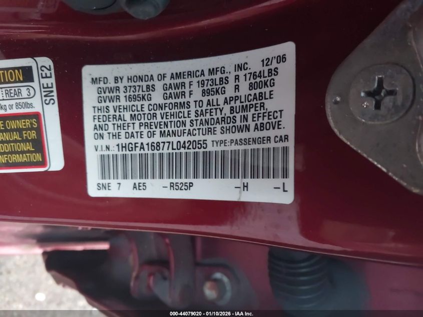 2007 Honda Civic Ex VIN: 1HGFA16877L042055 Lot: 44079020