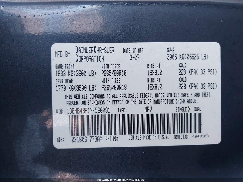 2007 Dodge Durango Slt VIN: 1D8HB48P17F560091 Lot: 44079232