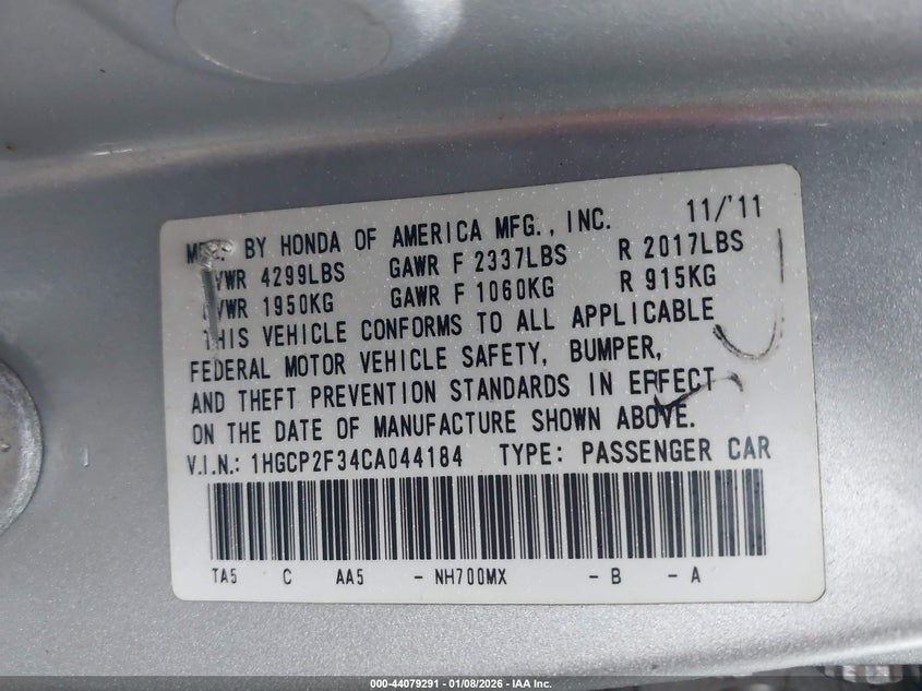 2012 Honda Accord 2.4 2.4 Lx Unknown Lot 111044079291 Vin 1HGCP2F34CA044184