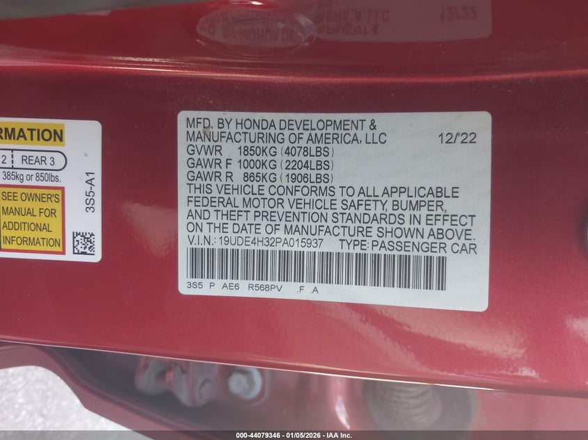 2023 Acura Integra A-Spec VIN: 19UDE4H32PA015937 Lot: 44079346