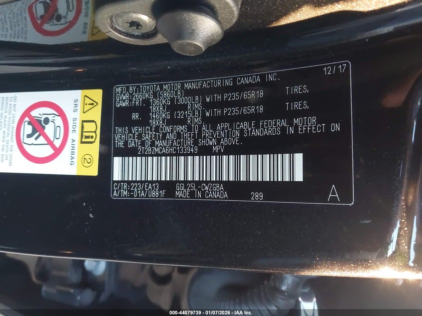 VIN 2T2BZMCA6HC133949 2017 LEXUS RX 350