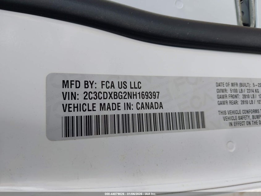 2022 DODGE CHARGER 3.6L V-6 DOHC, VVT, (VIN: 2C3CDXBG2NH169397