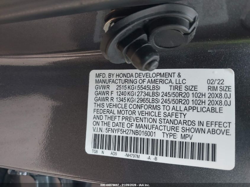 2022 Honda Pilot 2Wd Special Edition VIN: 5FNYF5H27NB016001 Lot: 44079897