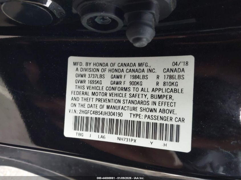 2018 Honda Civic Lx VIN: 2HGFC4B54JH304190 Lot: 44080061