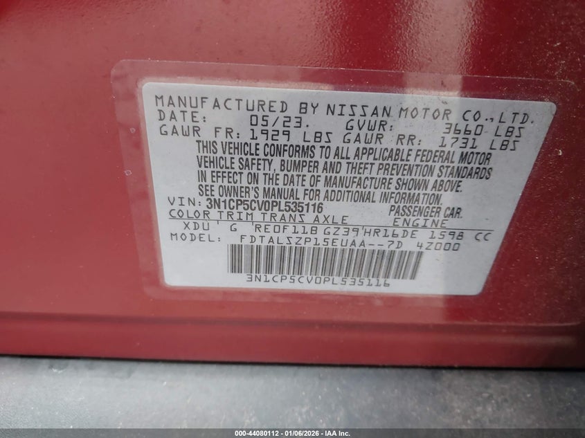 2023 NISSAN KICKS 1.6L I-4 DOHC, VVT, (VIN: 3N1CP5CV0PL535116