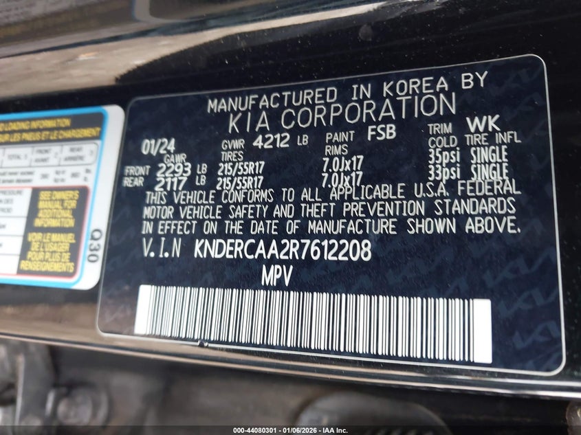2024 KIA SELTOS 2.0L I-4 DOHC, VVT, (VIN: KNDERCAA2R7612208