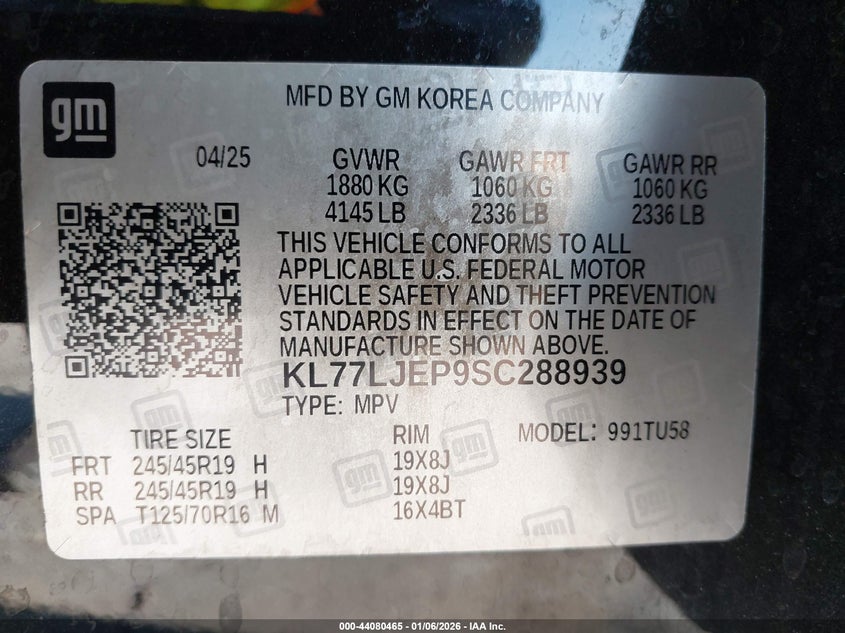 2025 CHEVROLET TRAX 1.2L I-3 DI, DOHC, V(VIN: KL77LJEP9SC288939