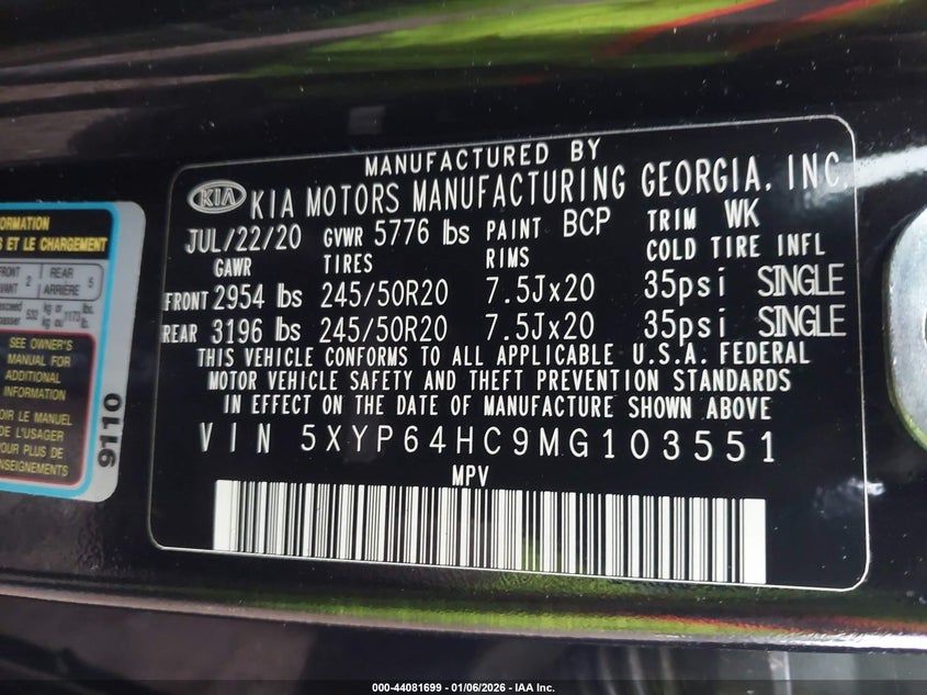 VIN 5XYP64HC9MG103551 2021 KIA TELLURIDE S