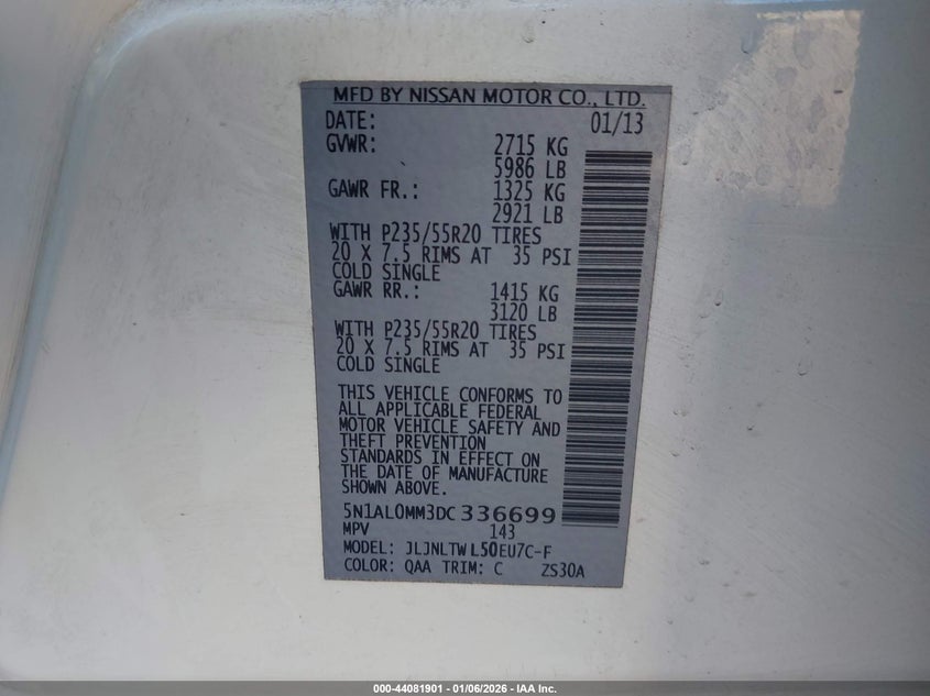 2013 Infiniti Jx35 VIN: 5N1AL0MM3DC336699 Lot: 44081901