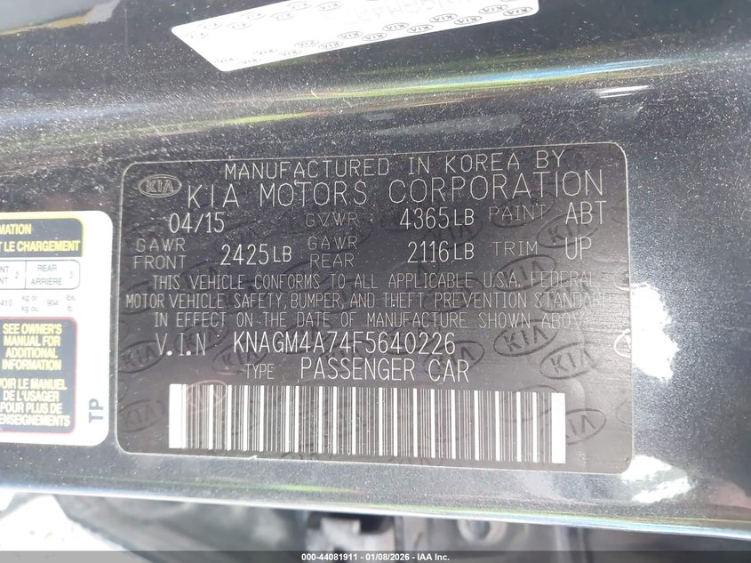 2015 KIA OPTIMA SEDAN 2.4L I-4 DI, DOHC, VVT, 192HP