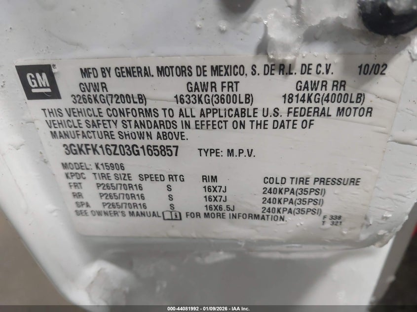 2003 GMC Yukon Xl 1500 Slt VIN: 3GKFK16Z03G165857 Lot: 44081992