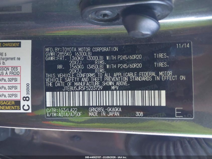 2015 Toyota 4Runner Limited VIN: JTEBU5JR5F5223729 Lot: 44082157