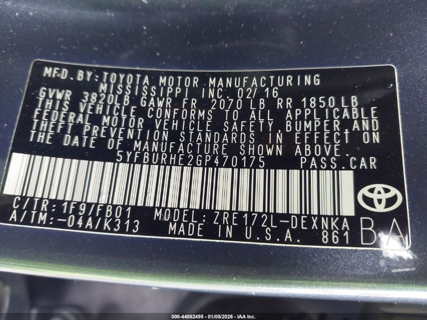 2016 Toyota Corolla Le VIN: 5YFBURHE2GP470175 Lot: 44082495