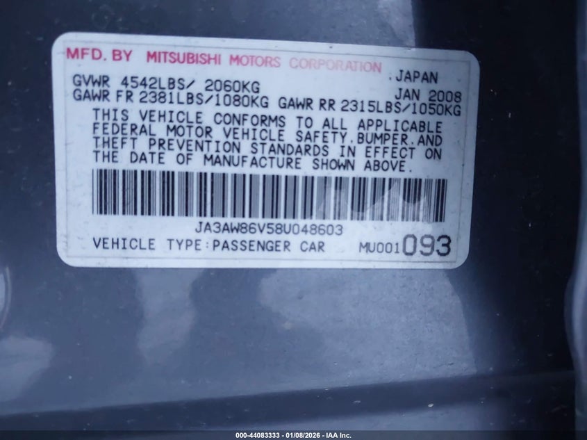2008 Mitsubishi Lancer Evolution Gsr VIN: JA3AW86V58U048603 Lot: 44083333