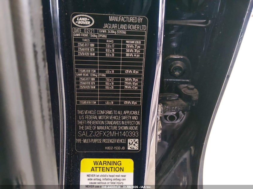 2021 Land Rover Range Rover Evoque S VIN: SALZJ2FX2MH140393 Lot: 44083335