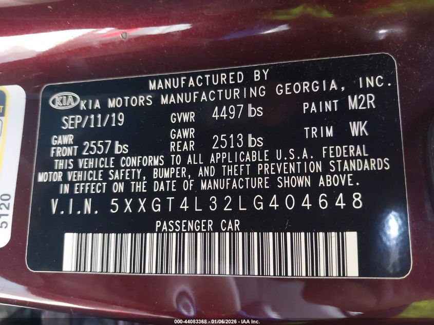 2020 Kia Optima Lx VIN: 5XXGT4L32LG404648 Lot: 44083368