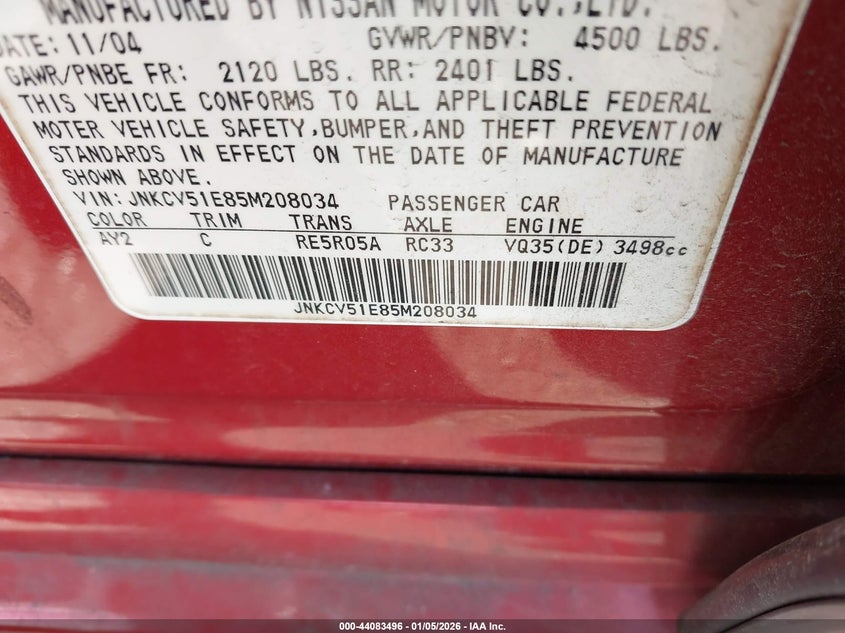 2005 Infiniti G35 VIN: JNKCV51E85M208034 Lot: 44083496