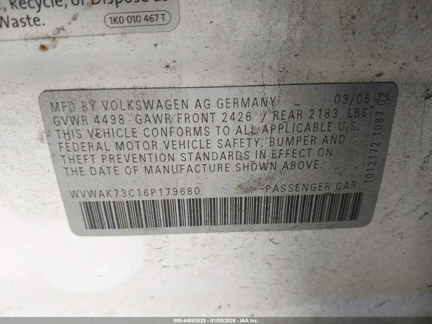 2006 Volkswagen Passat 2.0T VIN: WVWAK73C16P179680 Lot: 44083528