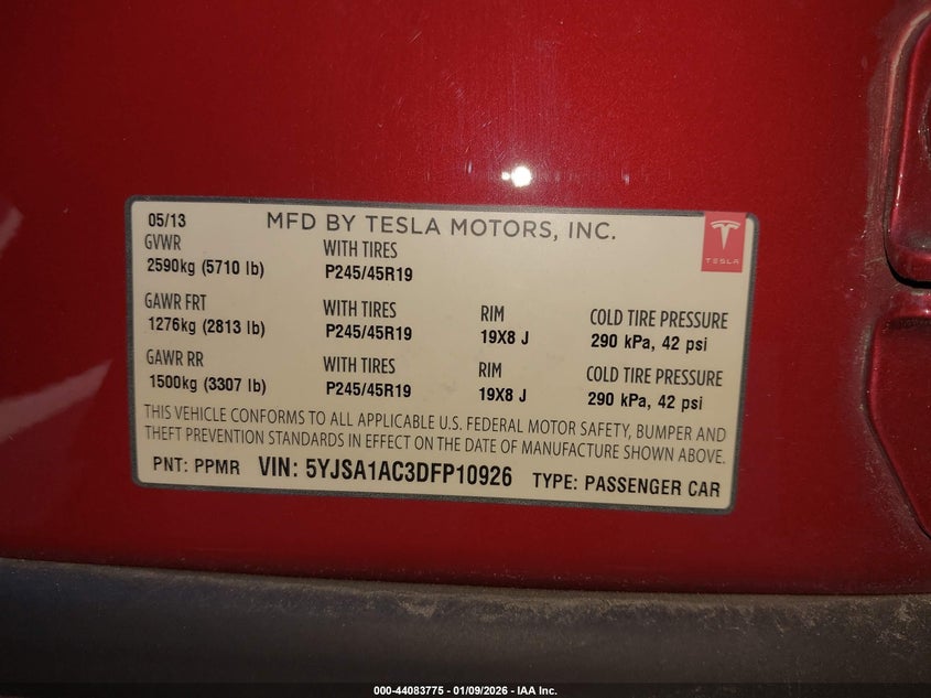2013 Tesla Model S VIN: 5YJSA1AC3DFP10926 Lot: 44083775