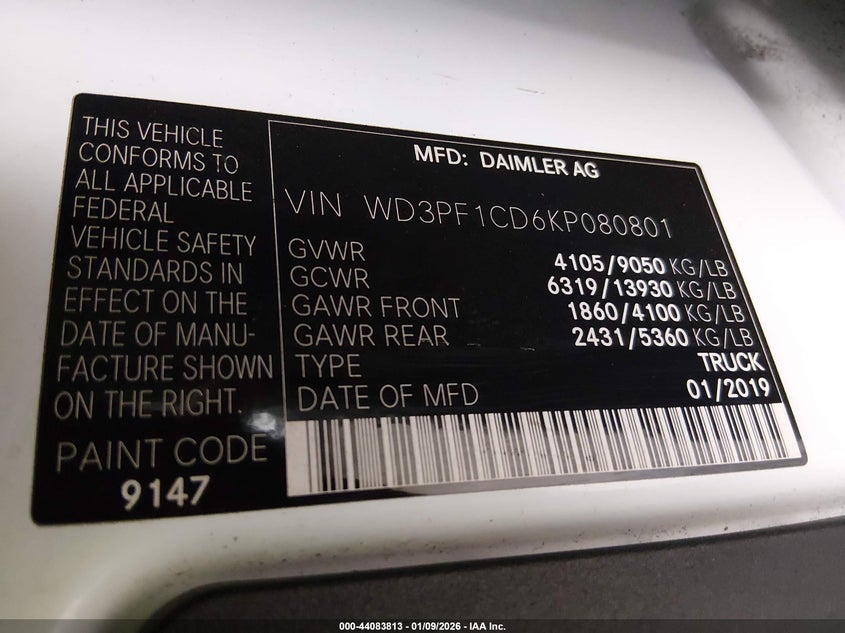 2019 Mercedes-Benz Sprinter 2500 High Roof V6 VIN: WD3PF1CD6KP080801 Lot: 44083813