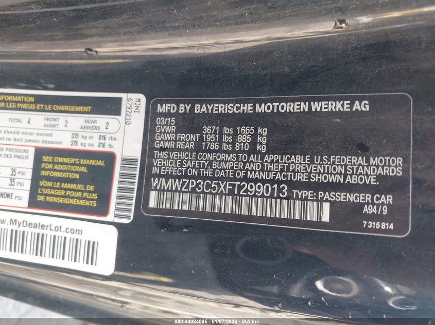 2015 Mini Convertible Cooper S VIN: WMWZP3C5XFT299013 Lot: 44084085