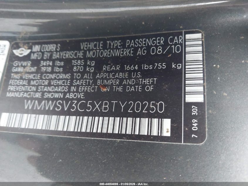2011 Mini Cooper S VIN: WMWSV3C5XBTY20250 Lot: 44084086