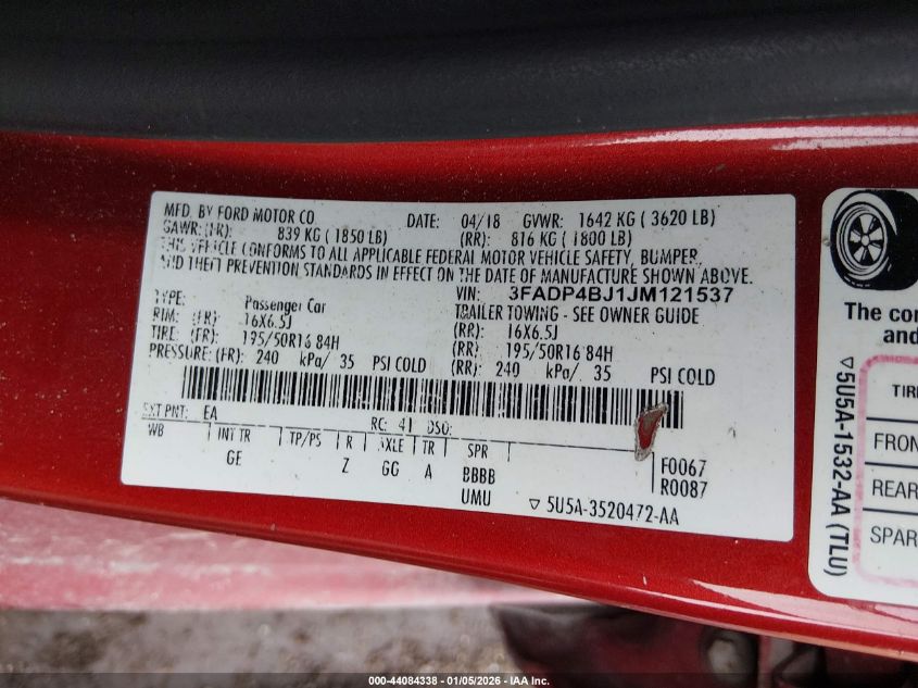 2018 Ford Fiesta Se VIN: 3FADP4BJ1JM121537 Lot: 44084338