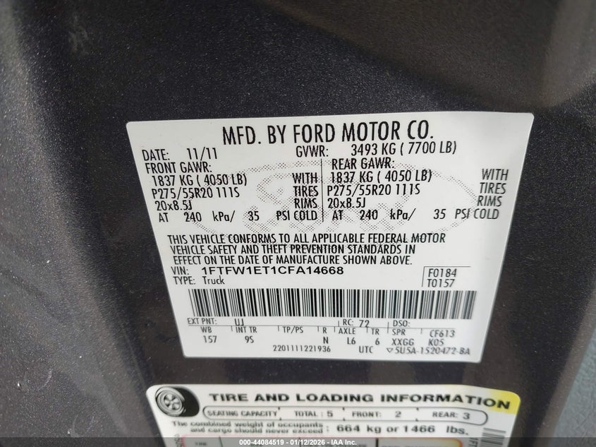 2012 Ford F-150 Platinum VIN: 1FTFW1ET1CFA14668 Lot: 44084519