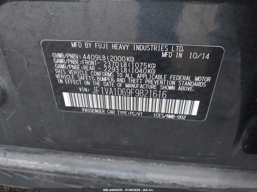 2015 Subaru Wrx Premium VIN: JF1VA1D69F9821616 Lot: 44085430