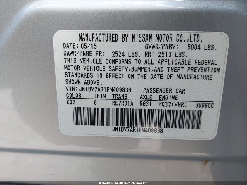 2015 Infiniti Q50 Premium VIN: JN1BV7AR1FM409838 Lot: 44085984